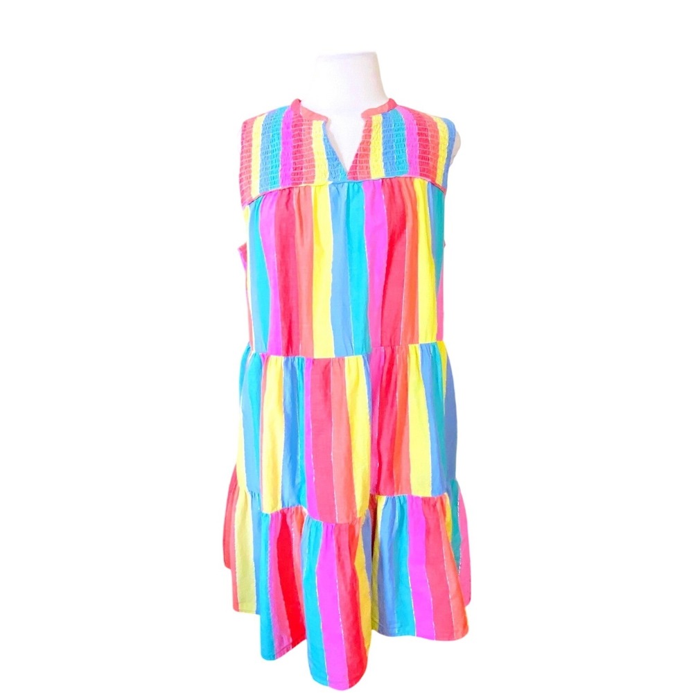 Crown & Ivy  Rainbow Stripe Tiered Babydoll Dress Smocked Midi Medium